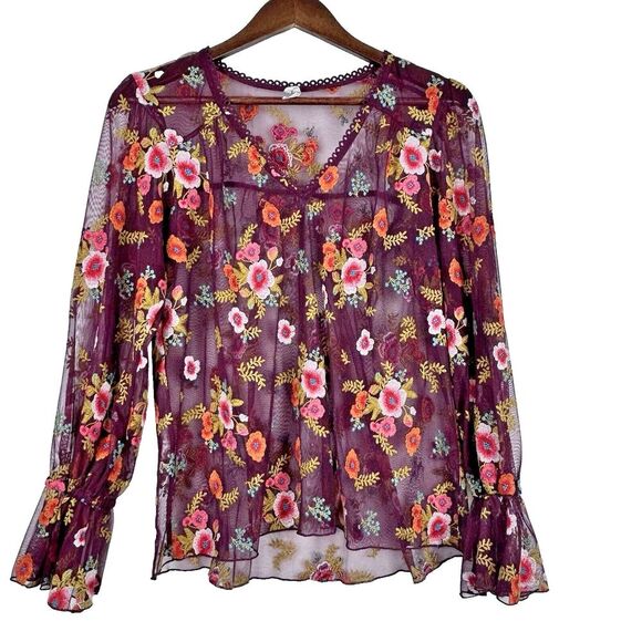 Anthropologie Feather Bone Girardla Top XS Burgundy Embroidered Sheer Mesh Boho - Picture 2 of 9